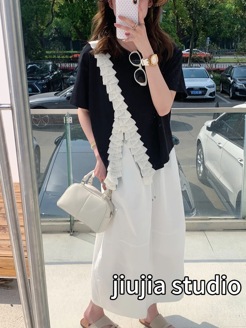 【盛夏花季】九佳 新款时尚休闲百搭宽松圆领花边褶皱韩版短袖T恤