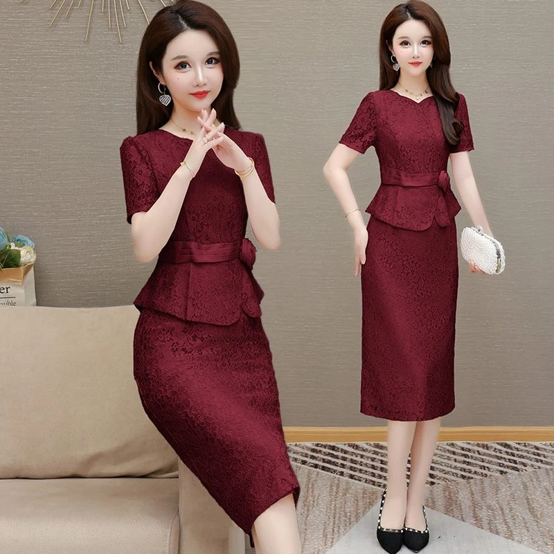妈妈婚宴时尚礼服婆婆红色连衣裙2025新款假两件显瘦裙子