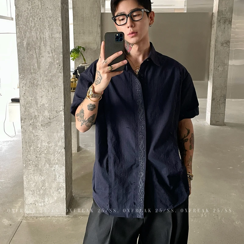 OXFREAK「永生花刺绣」活页短袖衬衫男cleanfit设计感小众衬衣潮