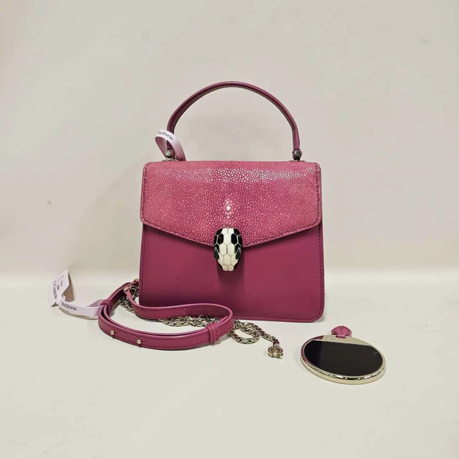 95新 BVLGARI/宝格丽 粉色珍珠鱼蛇头包 1154 7333