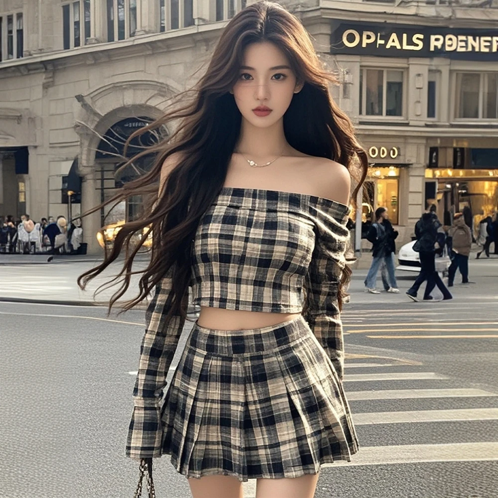 Z6329甜辣妹氛围感一字领格纹上衣女韩系学院风高腰a字百褶裙整套