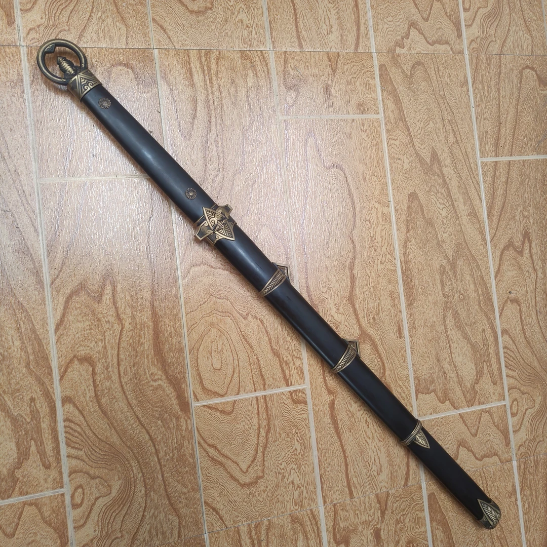 问蝉中款唐刀密炼钢扭转纹黑檀木纯铜做旧未开刃