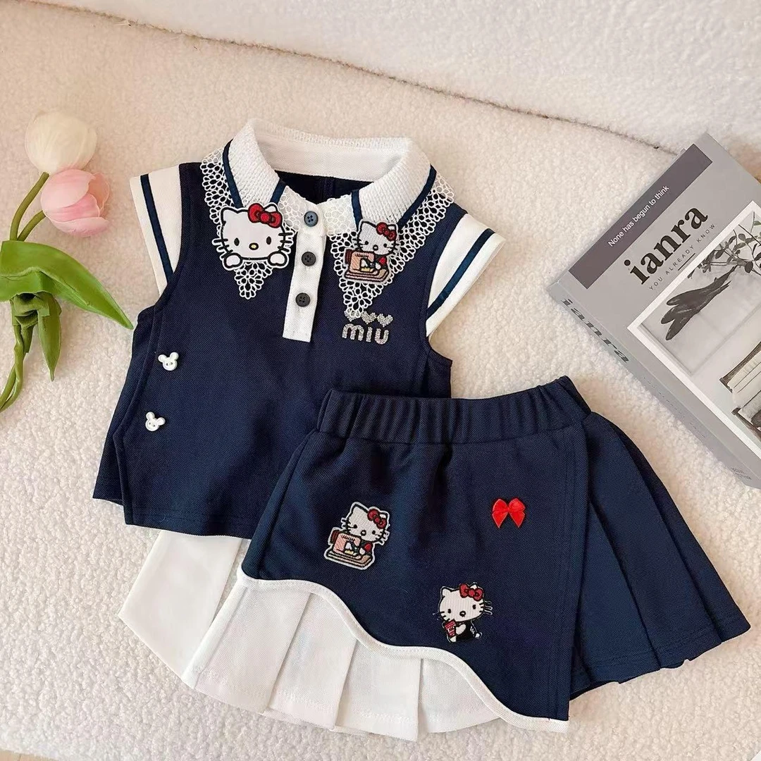 女童无袖半身裙套装2025新款夏季儿童卡通polo领学院风百褶裙洋气