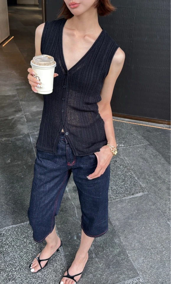 【Miss Li Simple】百搭天丝面料气质无袖背心开衫款上衣