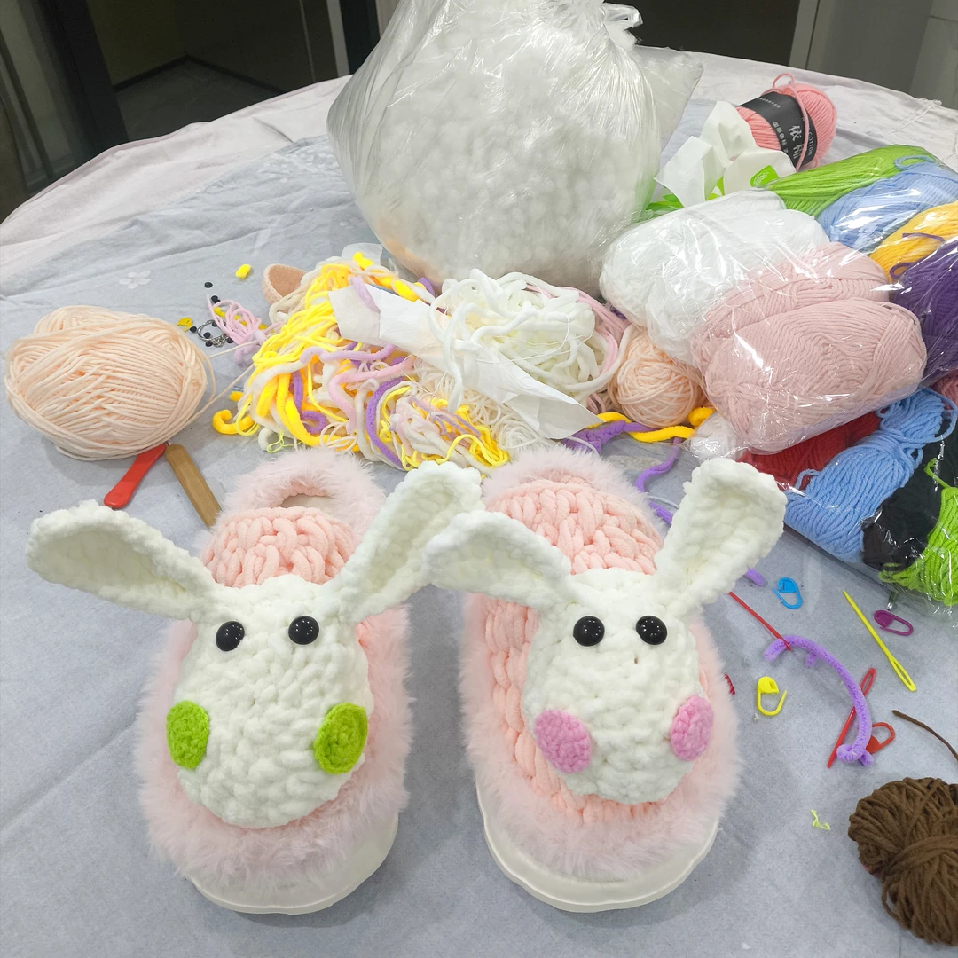 成品纯手工编织小白兔毛线拖鞋秋冬室内家居保暖防滑可爱送闺蜜