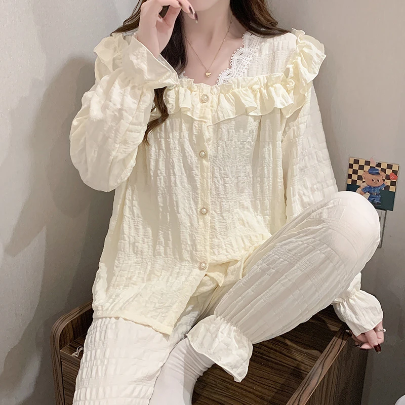 睡衣女春秋季薄款长袖云朵棉套装可爱外穿网红爆款春夏家居服杏色