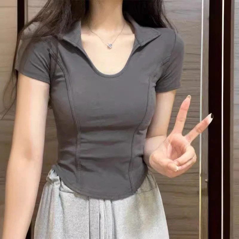 鱼骨正肩V领设计感t恤女2025夏季新款纯色韩版百搭修身上衣ins