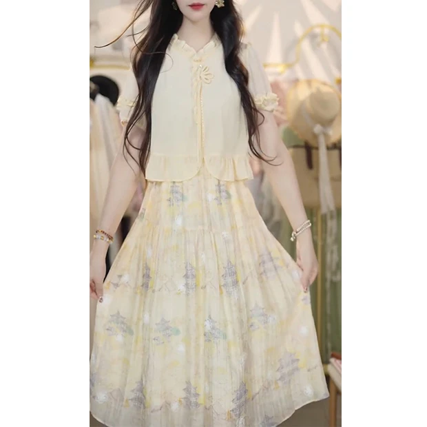 L5321新中式国风假两件连衣裙休闲夏季新款高端显瘦气质时尚裙子