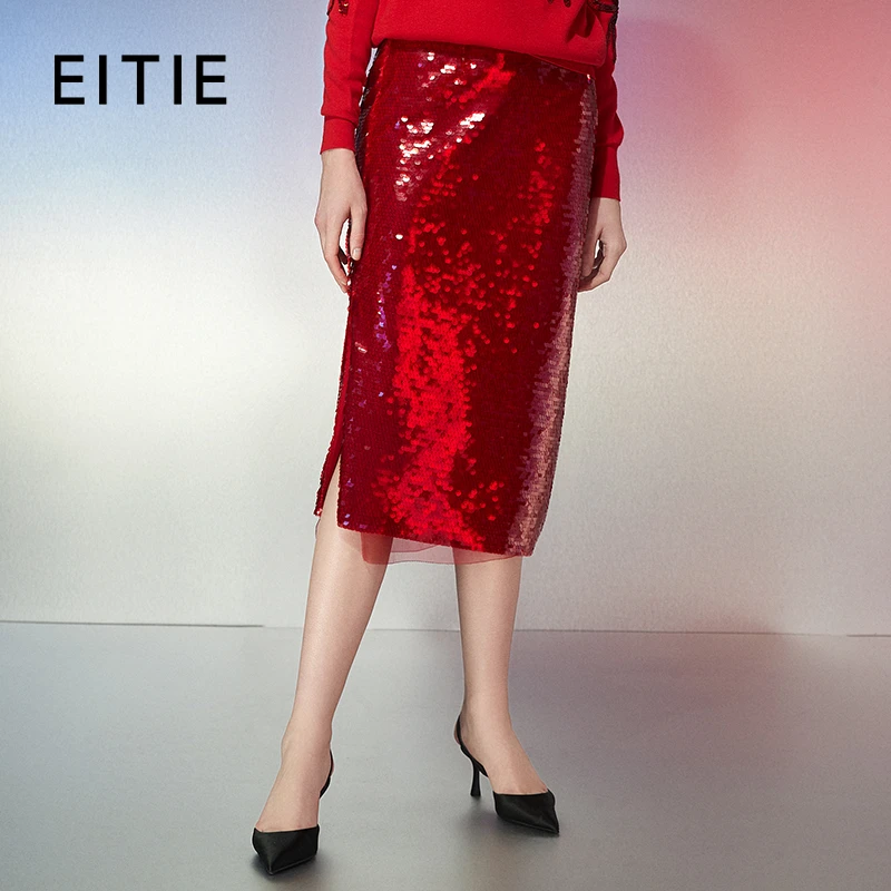EITIE爱特爱春季新款气质刺绣亮片显瘦高腰中长款半身裙7706405