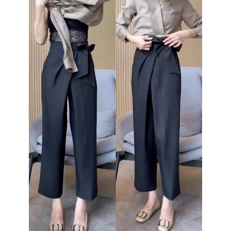 韩版宽松直筒九分裤女2025新款西装裤高腰显瘦设计感绑带休闲裤子