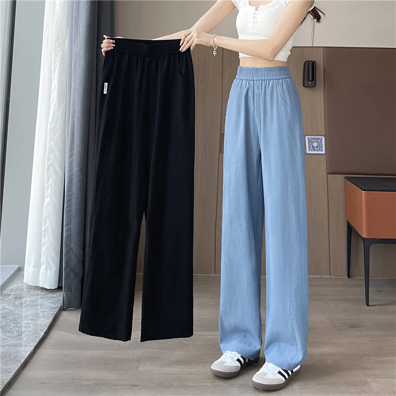 夏季薄款冰丝牛仔阔腿裤女2025新款高腰垂感休闲直筒女士亚麻裤子