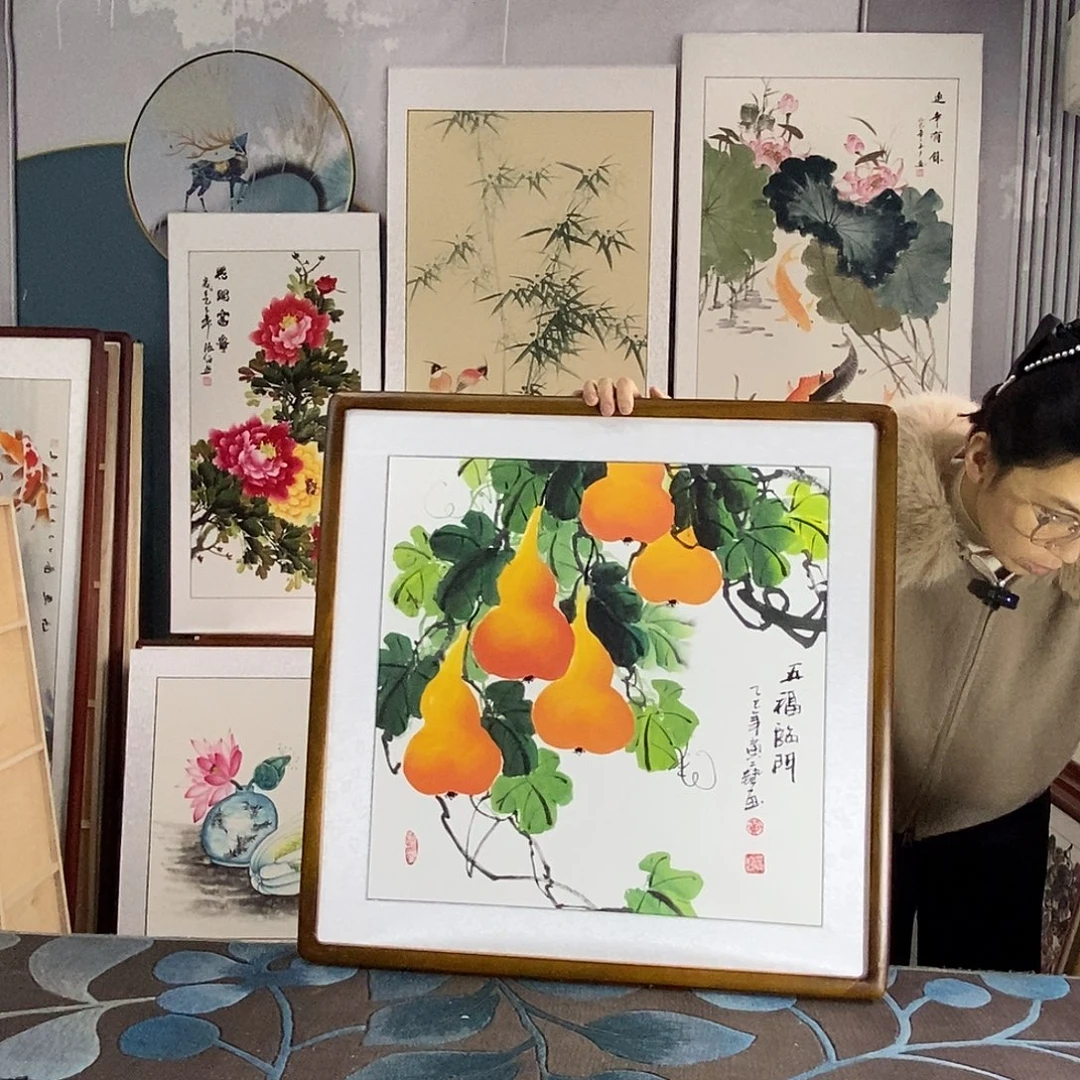 国画手写手绘带框包邮国画作品62✖️62