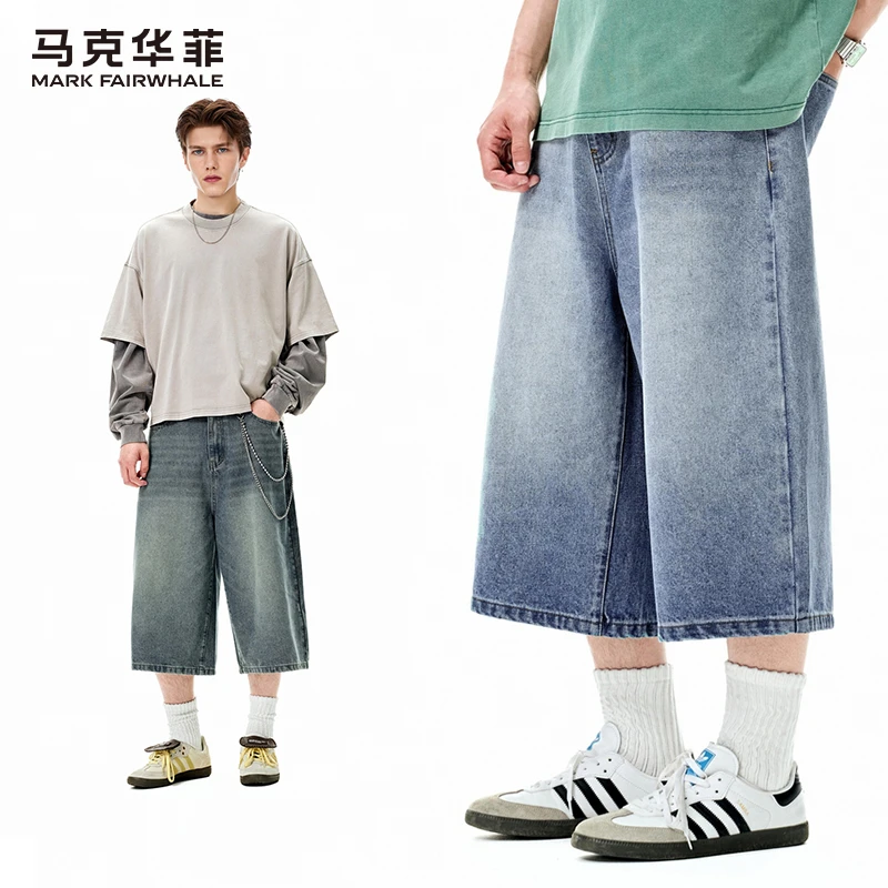 马克华菲七分牛仔短裤男士夏季薄款宽松阔腿ins港风五分中裤子男