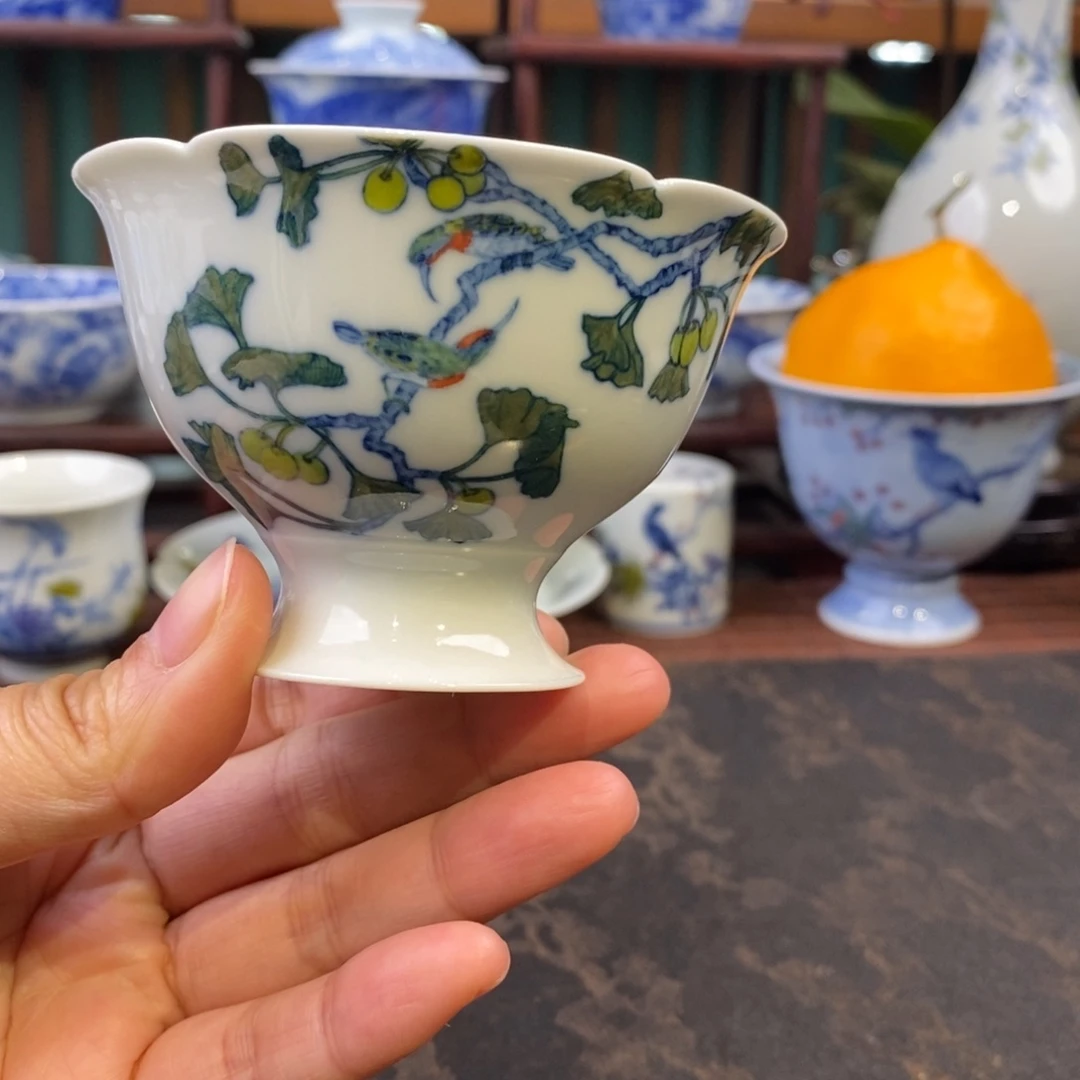 手工陶瓷柴窑五彩枇杷鸟高脚杯