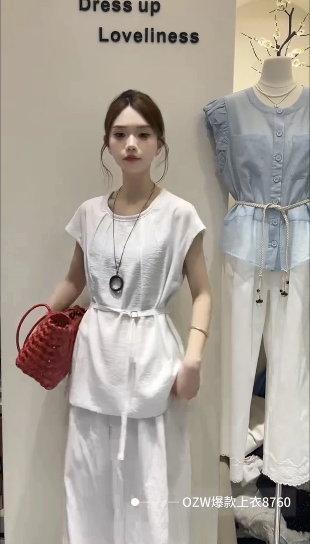 8760女士夏季美拉德风森系亚麻白色拼接上衣