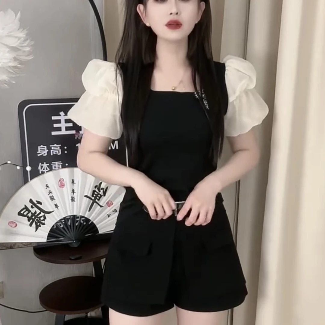 夏季短袖拼接泡泡袖蝴蝶结T恤小香风百搭洋气修身显瘦方领女上衣