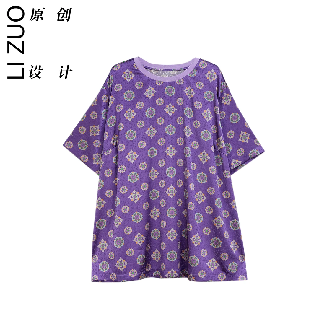 大码时尚19姆米真丝提花弹力缎扁机领半袖上衣9082