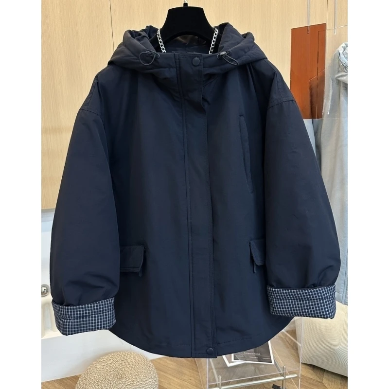 高端欧货冬季新款高级感时尚格子拼接宽松连帽冲锋衣棉服厚外套女