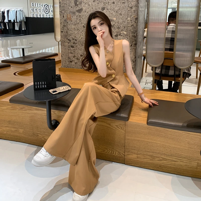 老钱风时尚夏装套装女新款韩系高级感职业西装马甲阔腿裤两件套女