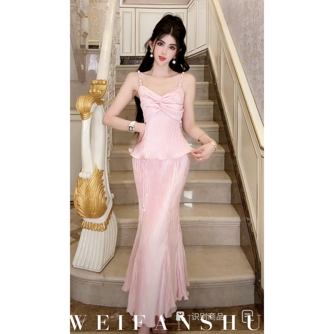 WEIFANSHU/魏凡舒【温柔三宅】春夏新款温柔风压褶套装吊带&半裙