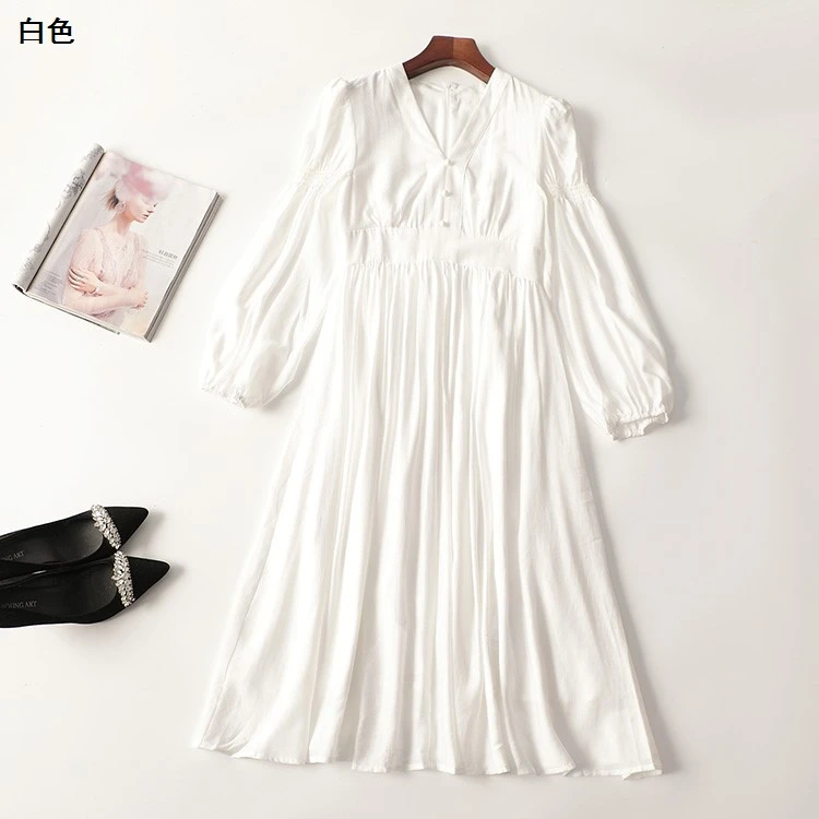 长裙春加长款长袖V领夏季白色时尚气质连衣裙复古灯笼袖雪纺裙