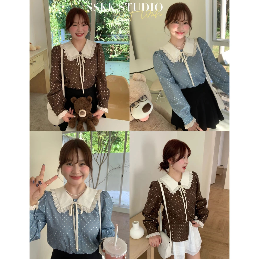 KMZY/KMZY山_山【落日梧桐】微胖韩版娃娃领减龄蕾丝袖边波点衬衫女