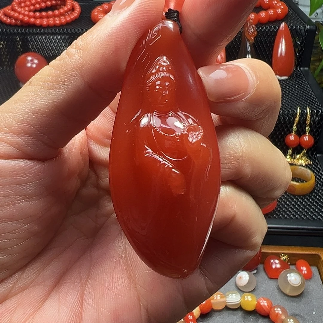 ****暖南红玛瑙未镶嵌观音吊坠