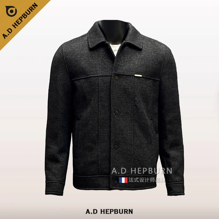 A.D Hepburn 翻领毛呢夹克休闲上衣百搭修身呢子短款男士按扣外套