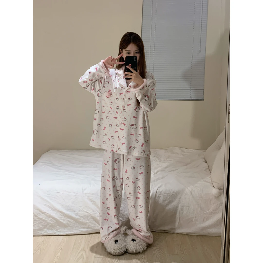 【可爱凯蒂猫】韩版卡通德绒睡衣少女秋冬新款加厚保暖家居服套装