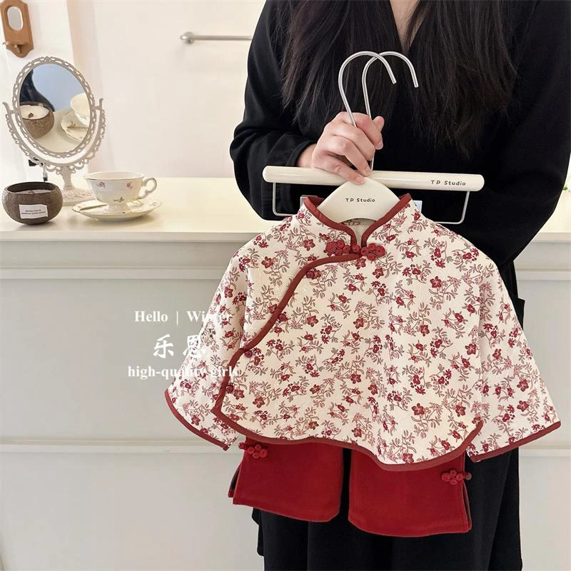 女童冬季唐装拜年服套装红色周岁套装女宝宝秋冬汉服旗袍