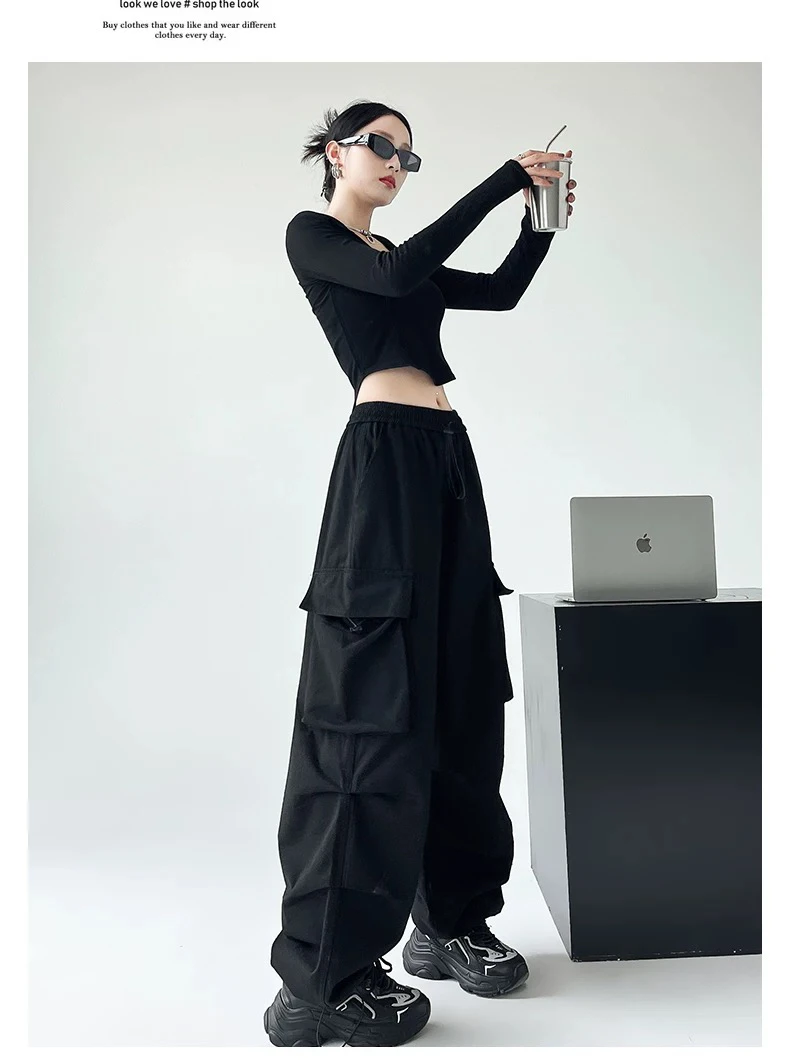 美式降落伞工装裤女春秋冬2024新款高腰休闲速干黑色运动冲锋裤子