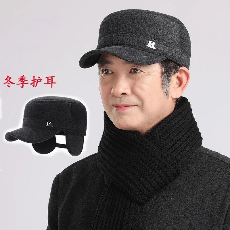 新款中老年帽子秋冬毛呢人字呢R平顶帽加绒保暖爸爸棉帽男老头帽