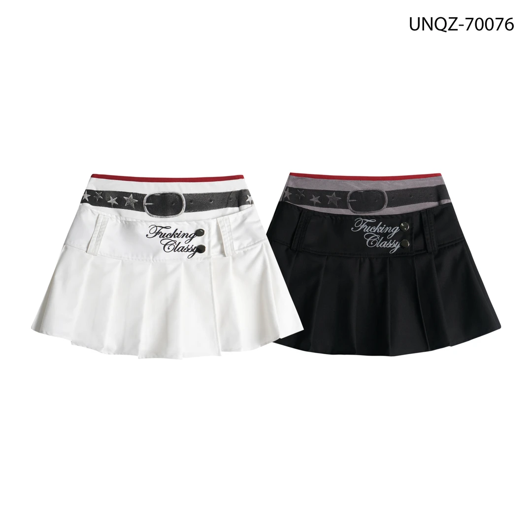 EZEK美式街头辣妹风双裤头拼接半身裙女夏季高腰a字显瘦百褶裙