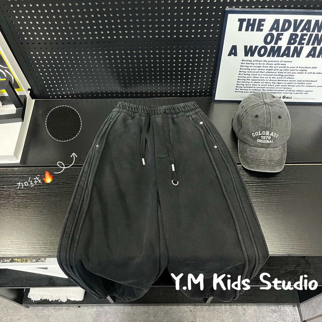 【Y.M KIDS】【加绒】2025秋冬季新款儿童水洗做旧加绒长裤宽松束脚裤