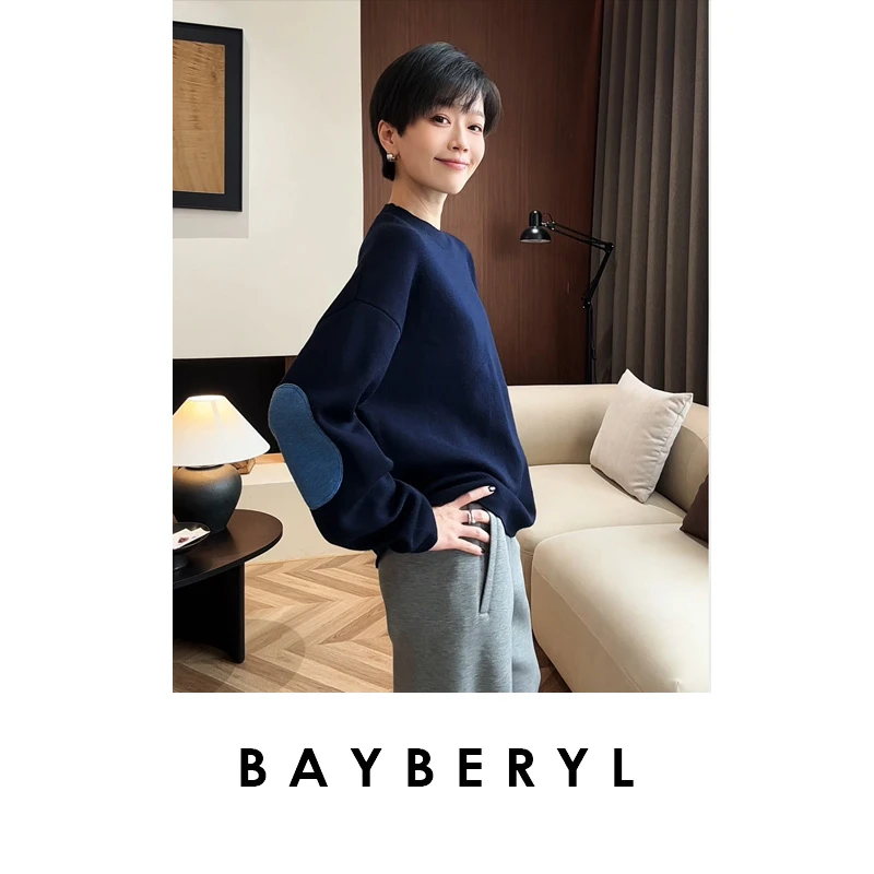 FF-BAYBERYL老贝补丁幂四平针圆领拼接百搭秋针织衫ZZS5H0801