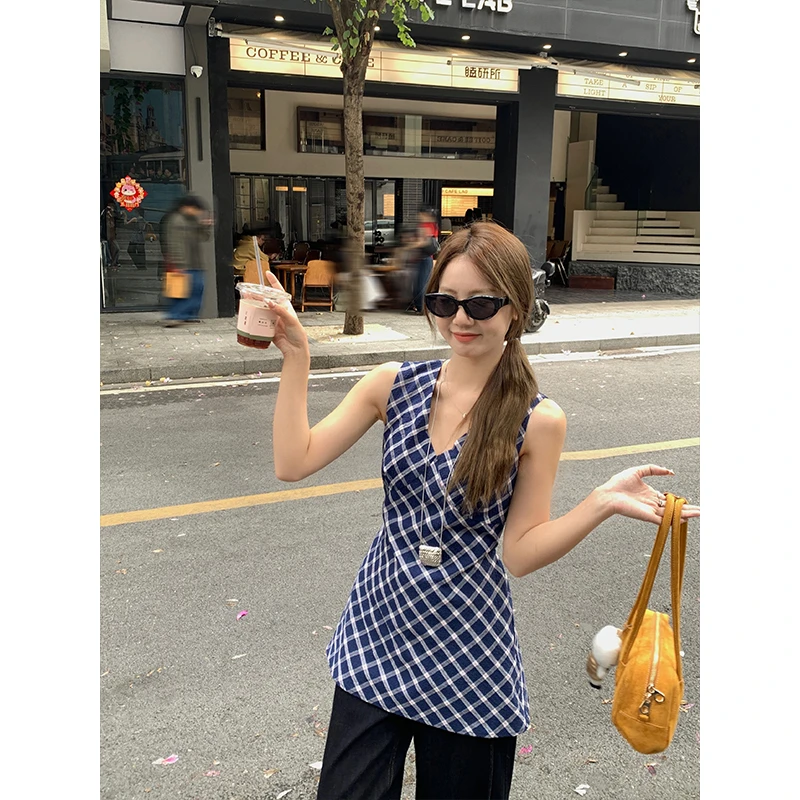 乌77复古蓝色格纹V领无袖背心女小个子通勤百搭收腰显瘦上衣春季