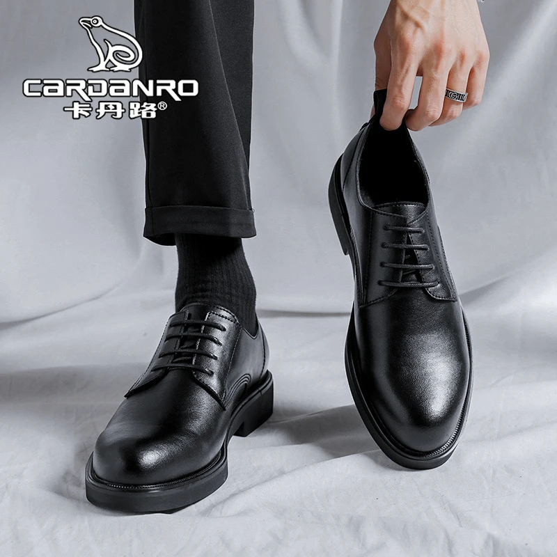 意大利卡丹路休闲皮鞋男款冬季商务黑色德比鞋男士真皮结婚新郎鞋