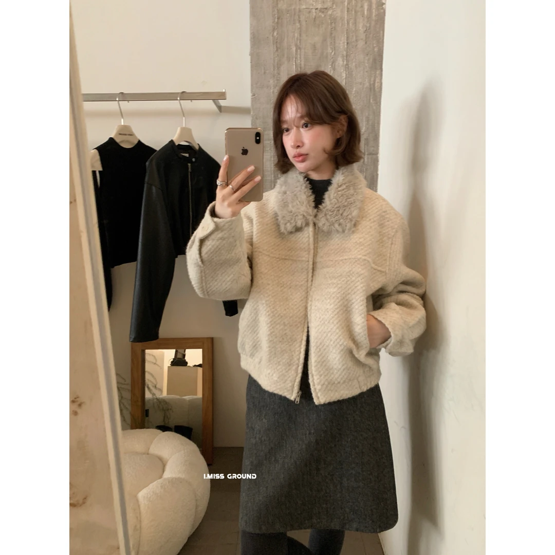 IMISS-冬上新韩标高品质毛毛领羊毛外套（含65羊毛）H70761秋冬
