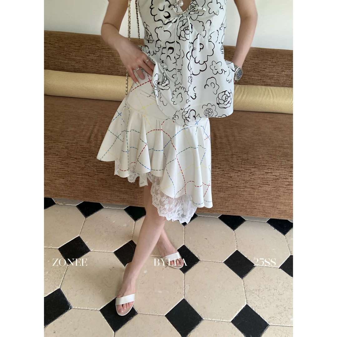 ZONEE Ladurée 原创设计法式时髦缎面彩虹格蕾丝拼接不规则半裙