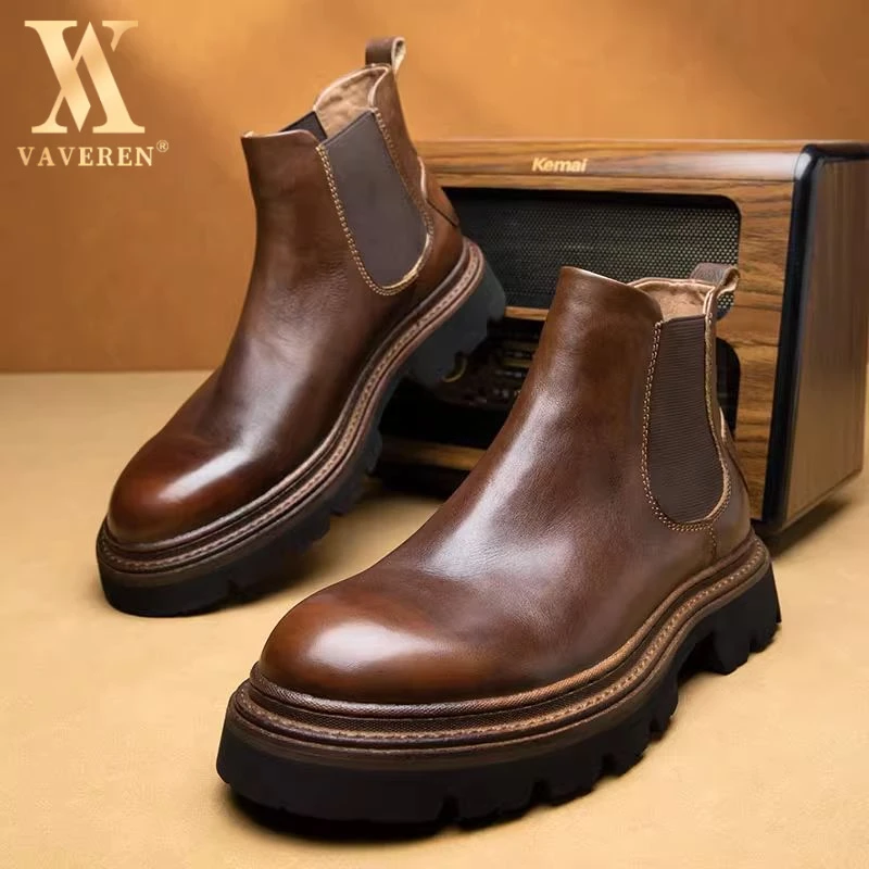 一脚蹬厚底马丁靴男真皮英伦复古风商务机车切尔西靴男士牛皮短靴