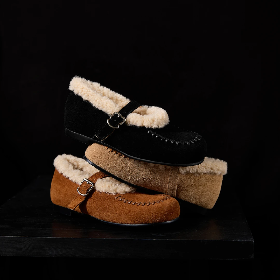 加绒平底毛毛鞋女2025秋冬新款圆头一字带保暖玛丽珍单鞋真皮棉鞋