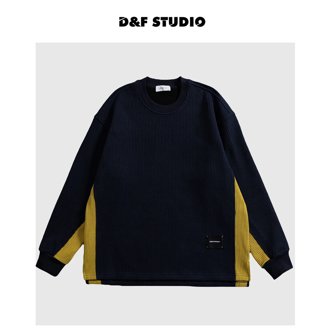 qc2033新款潮牌男士撞色拼接针织卫衣男加绒加厚套头打底衫卫衣