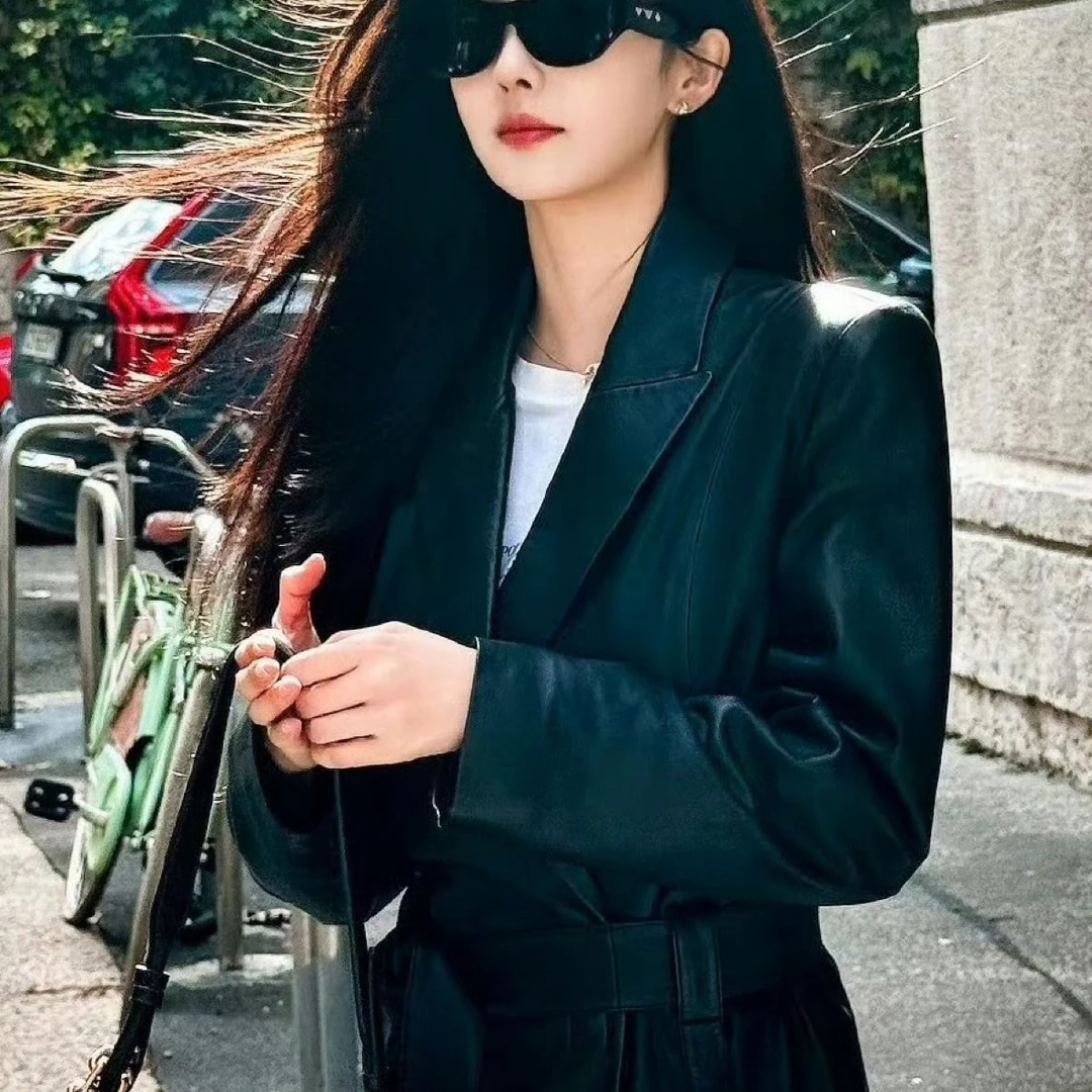 白鹿明星同款真皮皮衣女绵羊皮西装外套2025秋冬束腰中长款显瘦