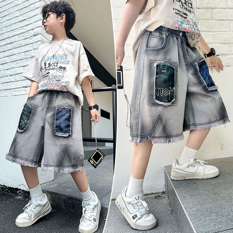 男童牛仔短裤夏季薄款2025新款儿童夏装大童男孩夏款七分中裤潮酷
