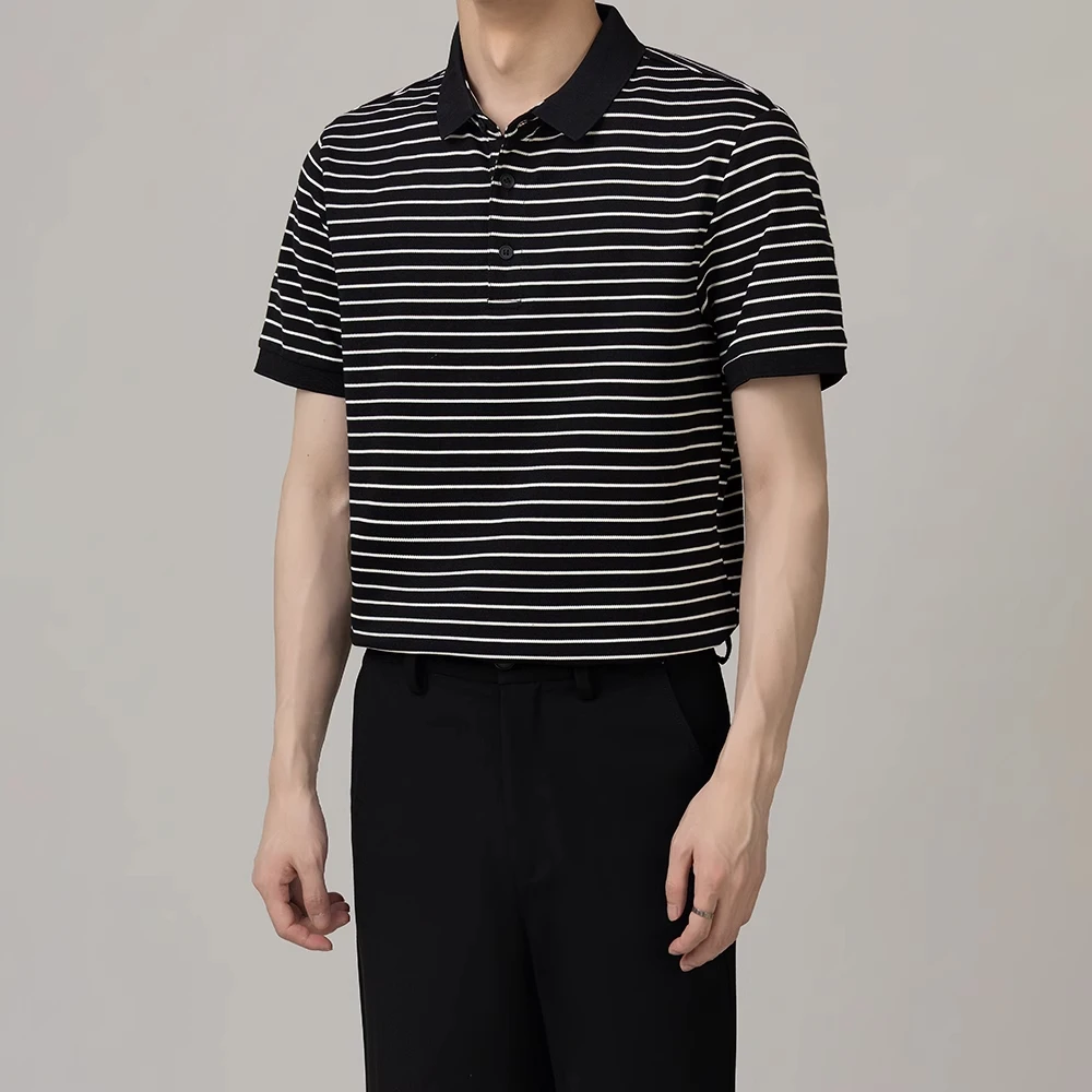 RSRDDYpolo衫男装夏季美式修身透气棉感休闲百搭条纹翻领男士商务