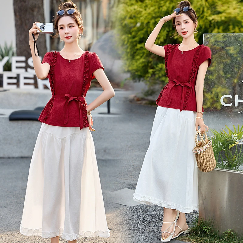 法式木耳花边拼接套装裙气质收腰显瘦半身裙两件套女2025夏季新款