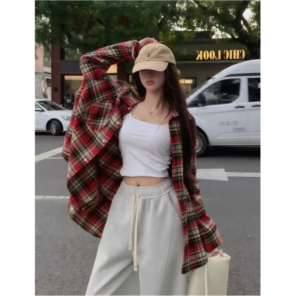 复古美式格子衬衫女2025秋新款设计感小众休闲宽松磨毛长袖上衣潮