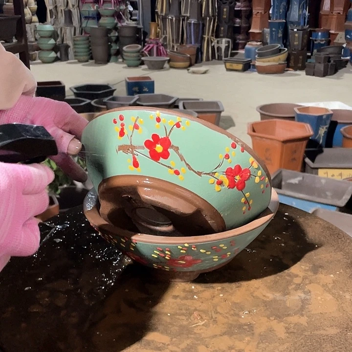 紫砂花盆绿斗盆点彩小一对