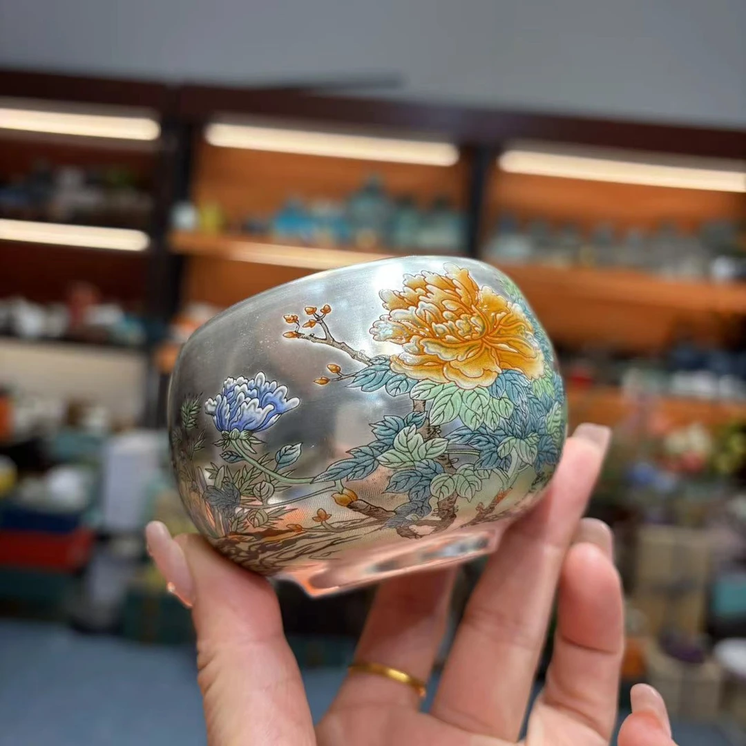 友名 瓷胎包银富贵牡丹瓷胎包银主人杯茶杯品茗杯缸杯无礼盒-4846