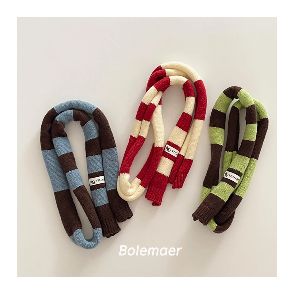 儿童围巾细窄撞色条纹小围巾甜酷辣妹风多巴胺街头装饰保暖围脖